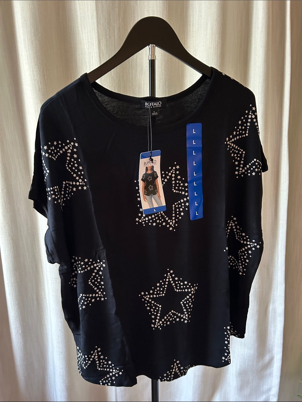 NWT L Buffalo David Bitton Black Million Star Short Sleeve Tee 95% Viscose